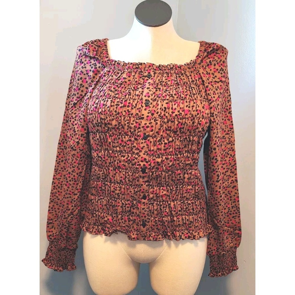 Foxcroft Olivia Womens‎ Square Neck Leopard Print Smocked Blouse L/S 16W New
